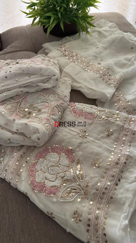 White Pearl & Cut Dana Kamdani Anarkali Suit- Festive Collection Chikankari