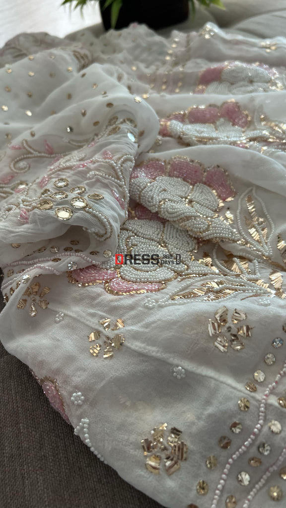 White Pearl & Cut Dana Kamdani Anarkali Suit- Festive Collection Chikankari