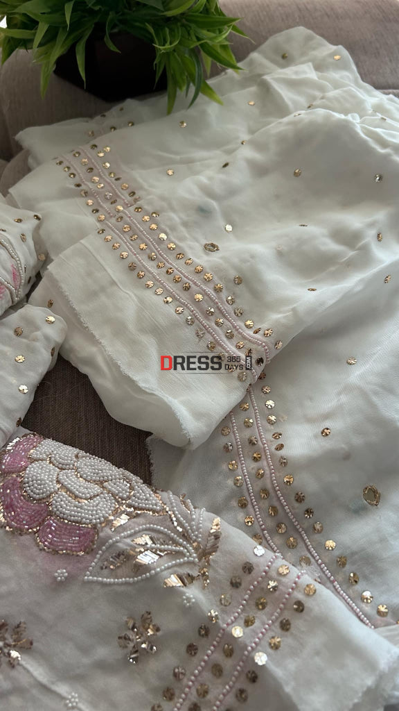 White Pearl & Cut Dana Kamdani Anarkali Suit- Festive Collection Chikankari