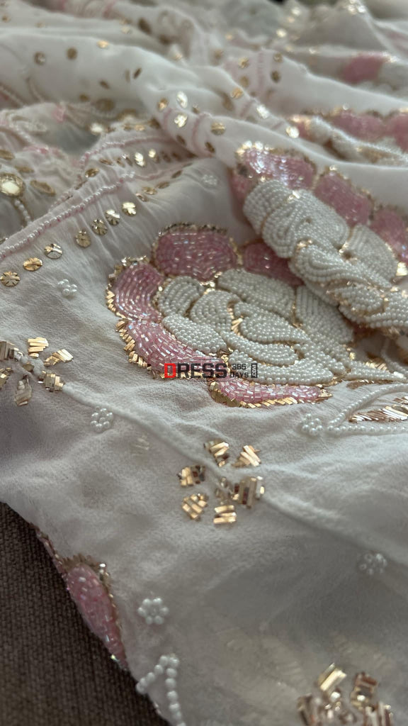 White Pearl & Cut Dana Kamdani Anarkali Suit- Festive Collection Chikankari
