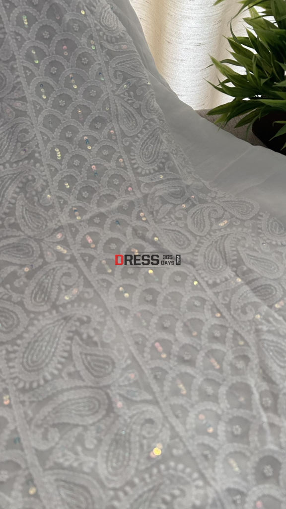 White Pearl Lucknowi Chikankari Kurta Dupatta Set Suits