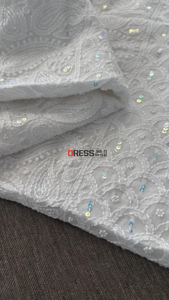 White Pearl Lucknowi Chikankari Kurta Dupatta Set Suits