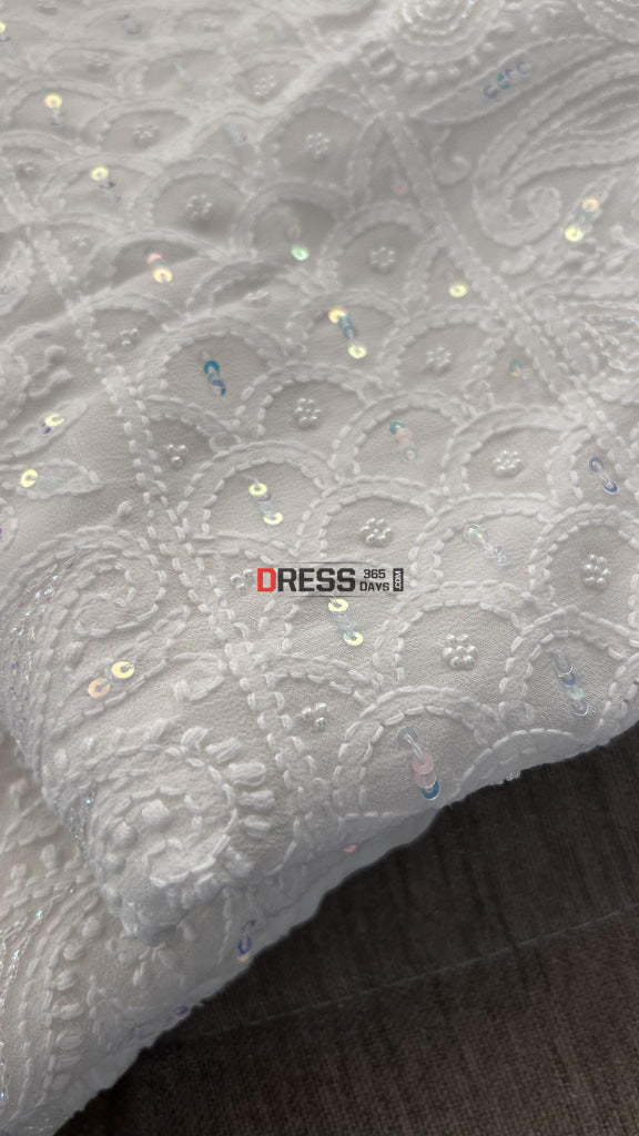 White Pearl Lucknowi Chikankari Kurta Dupatta Set Suits