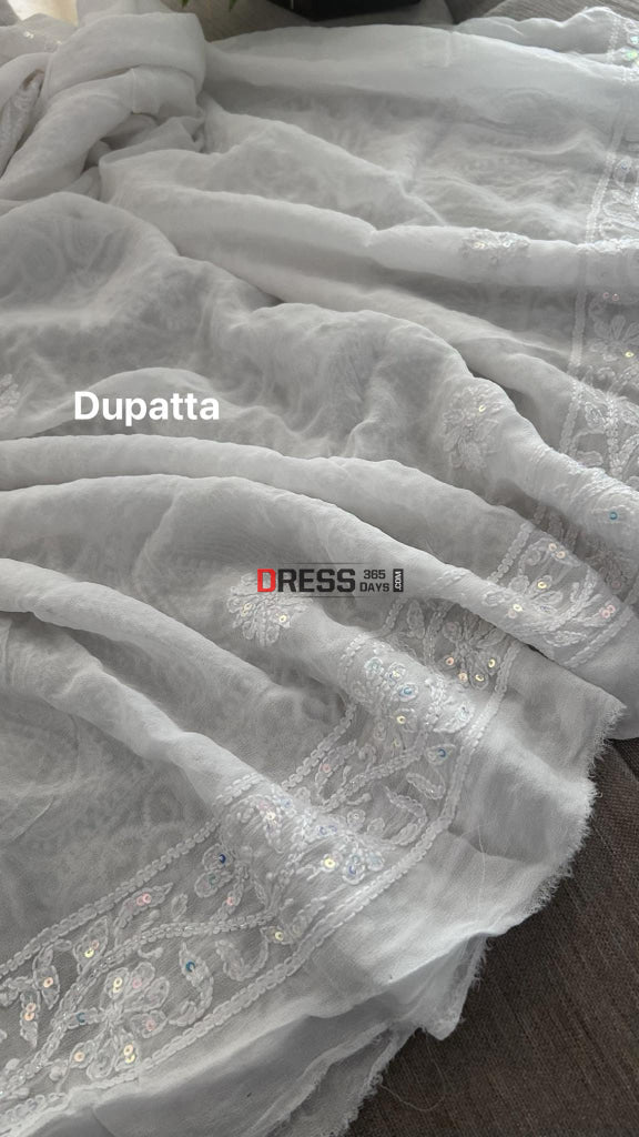 White Pearl Lucknowi Chikankari Kurta Dupatta Set Suits
