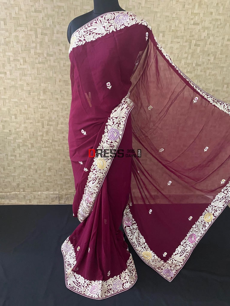 Wine Hand Embroidered Parsi Gara Saree