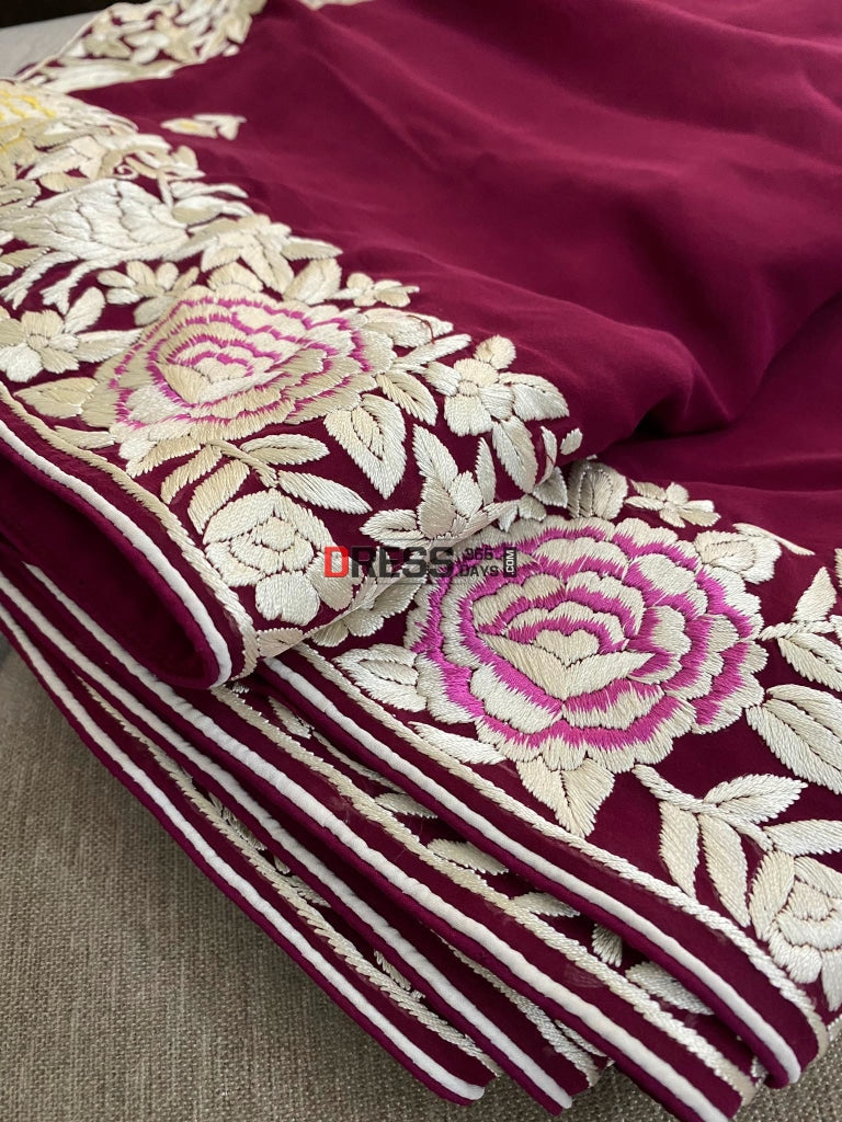 Wine Hand Embroidered Parsi Gara Saree