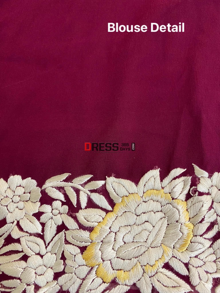 Wine Hand Embroidered Parsi Gara Saree