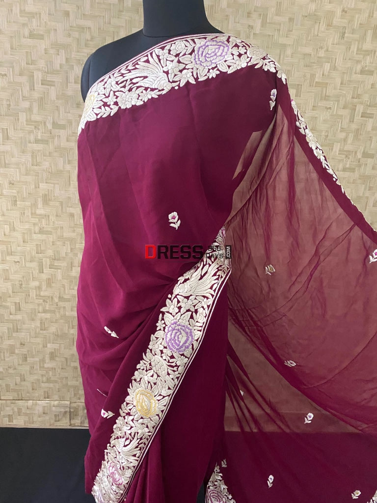 Wine Hand Embroidered Parsi Gara Saree