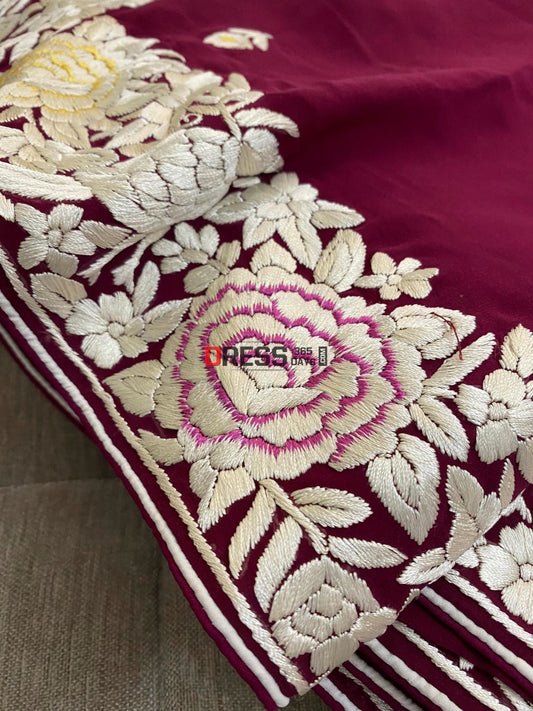 Wine Hand Embroidered Parsi Gara Saree