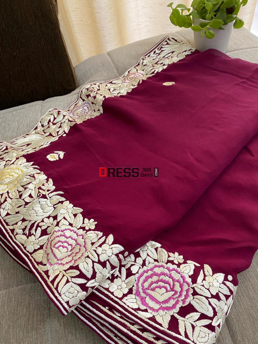 Wine Hand Embroidered Parsi Gara Saree