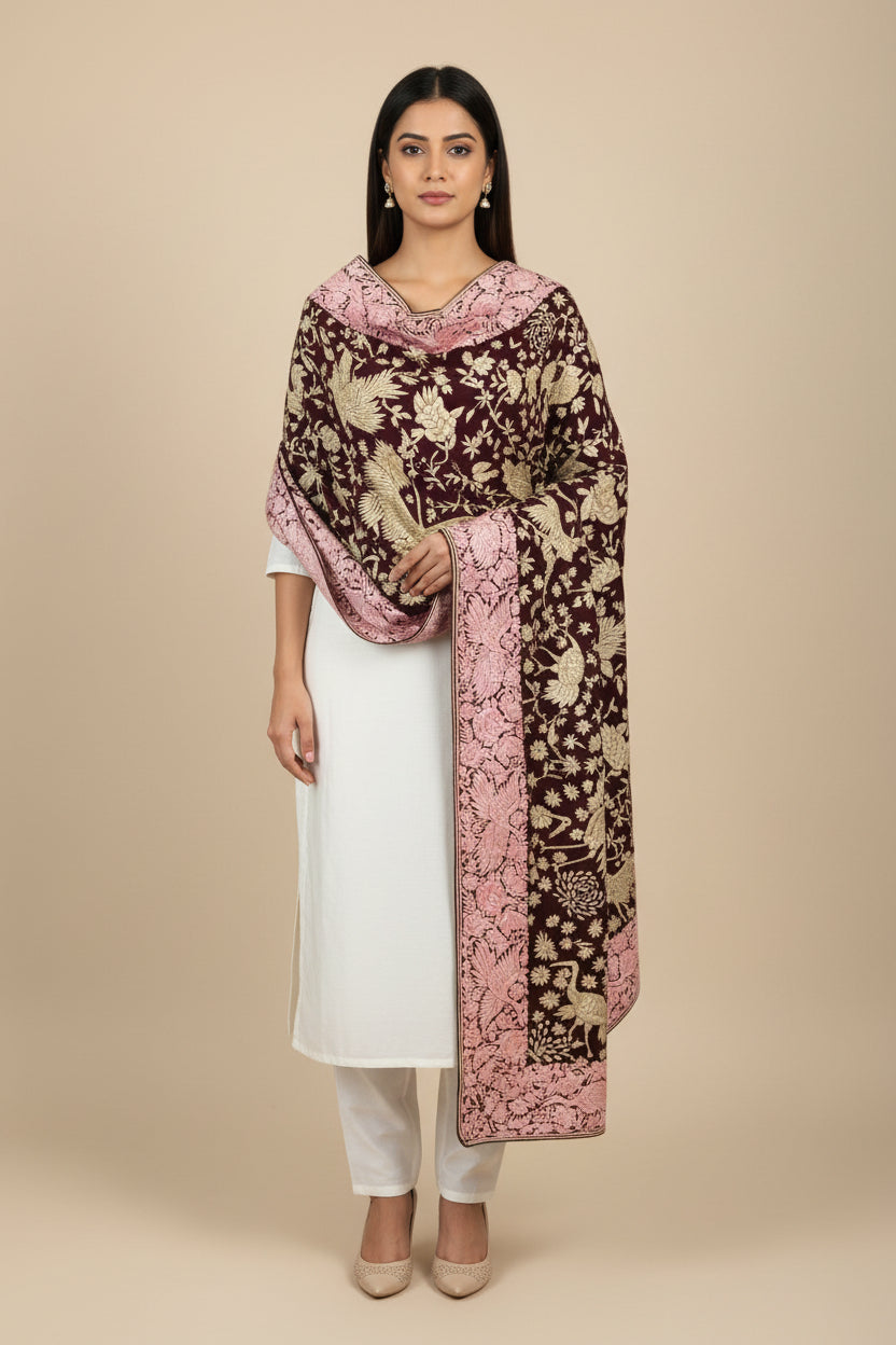 Pre Order Crepe Silk Wine Parsi Gara Dupatta with Pink Border