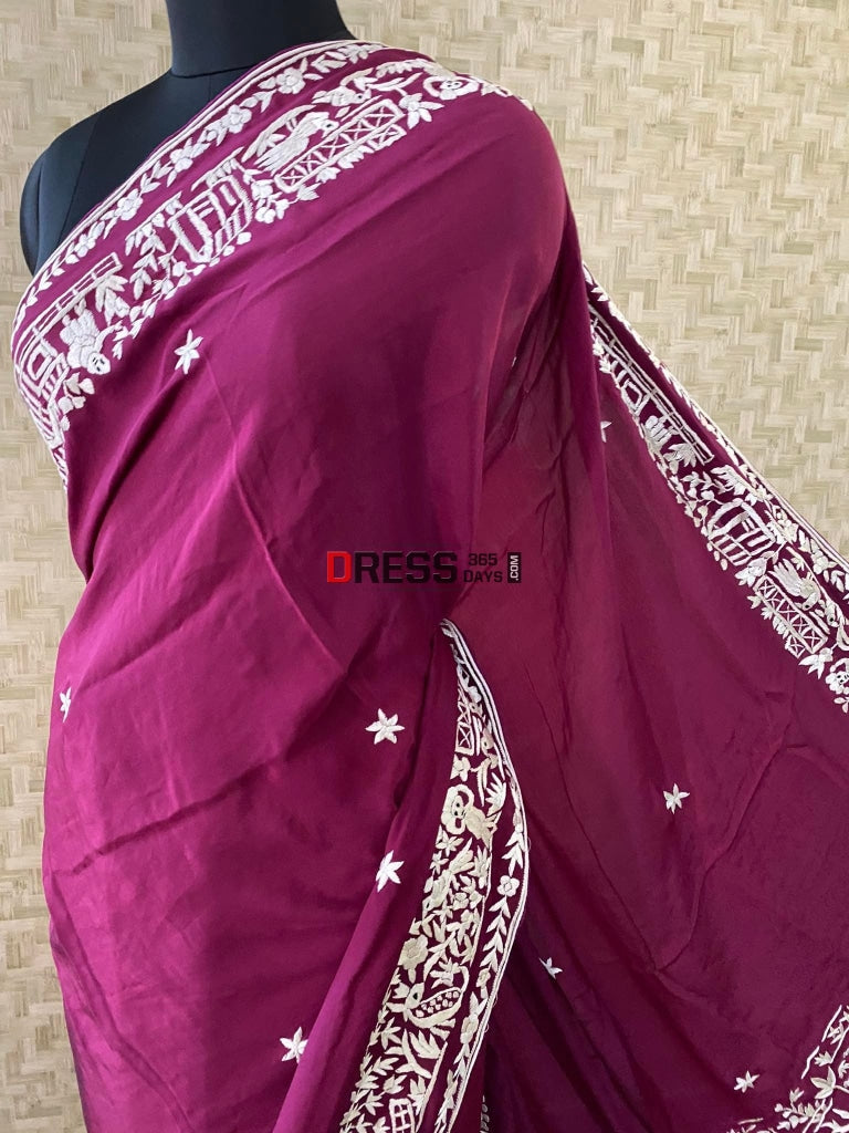 Wine Parsi Gara Hand Embroidered Saree- Crepe Silk Saree