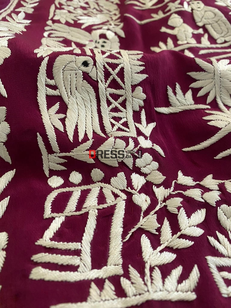 Wine Parsi Gara Hand Embroidered Saree- Crepe Silk Saree