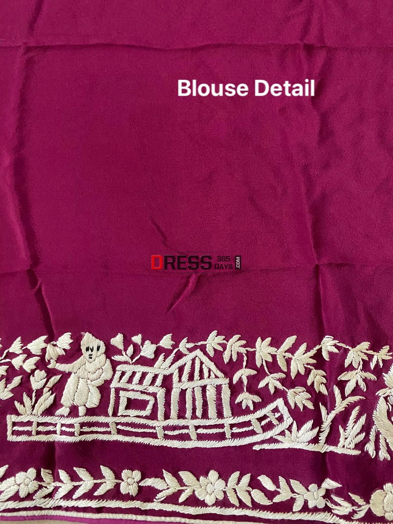 Wine Parsi Gara Hand Embroidered Saree- Crepe Silk Saree