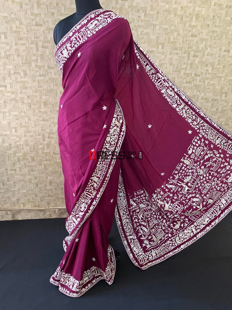 Wine Parsi Gara Hand Embroidered Saree- Crepe Silk Saree