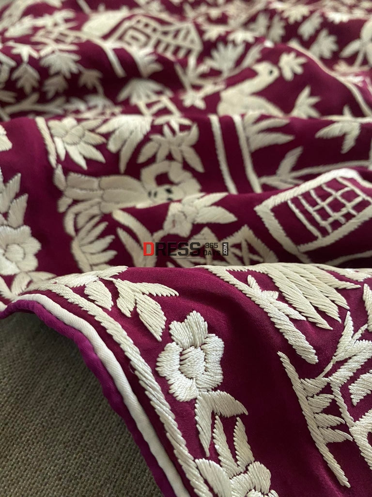 Wine Parsi Gara Hand Embroidered Saree- Crepe Silk Saree