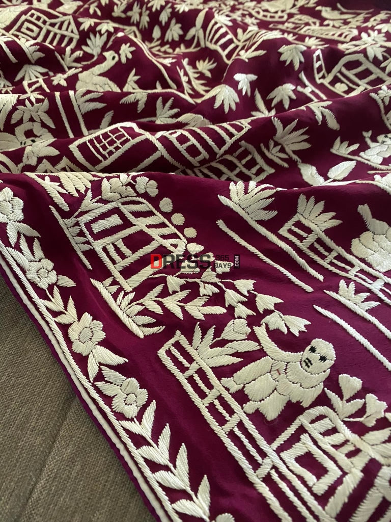 Wine Parsi Gara Hand Embroidered Saree- Crepe Silk Saree