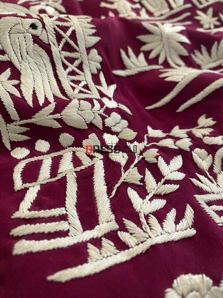 Wine Parsi Gara Hand Embroidered Saree- Crepe Silk Saree