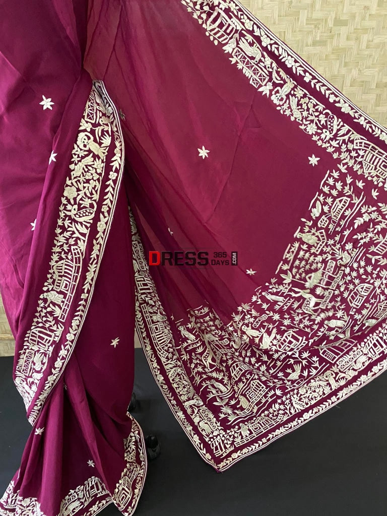 Wine Parsi Gara Hand Embroidered Saree- Crepe Silk Saree