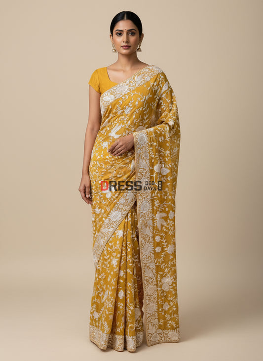 Ivory & Mustard Yellow Parsi Gara Hand Embroidered Saree