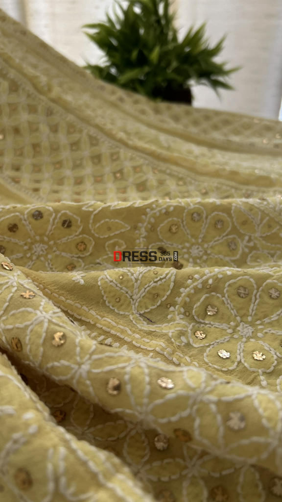 Yellow Chikankari Anarkali Suit With Golden Mukaish (Anarkali And Dupatta) Chikankari Anarkali
