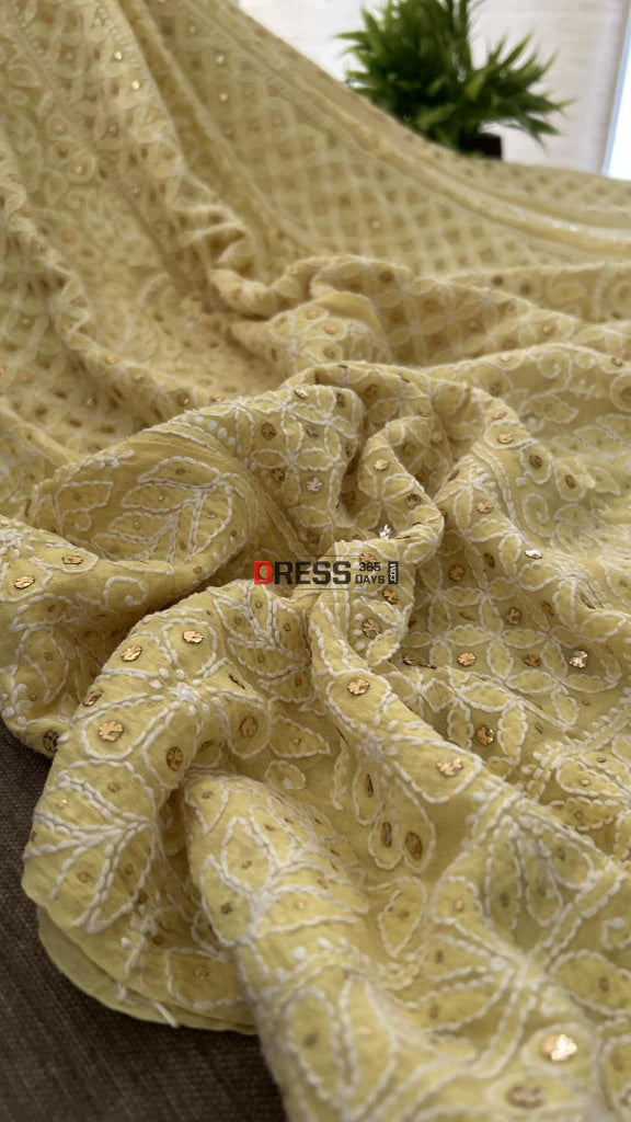 Yellow Chikankari Anarkali Suit With Golden Mukaish (Anarkali And Dupatta) Chikankari Anarkali