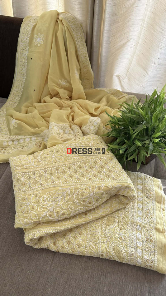 Yellow Chikankari Anarkali Suit With Golden Mukaish (Anarkali And Dupatta) Chikankari Anarkali