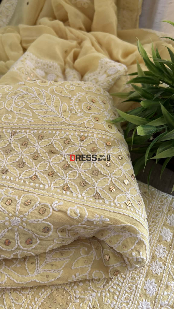 Yellow Chikankari Anarkali Suit With Golden Mukaish (Anarkali And Dupatta) Chikankari Anarkali