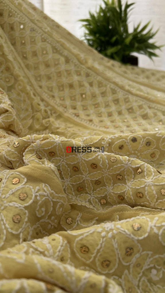 Yellow Chikankari Anarkali Suit With Golden Mukaish (Anarkali And Dupatta) Chikankari Anarkali