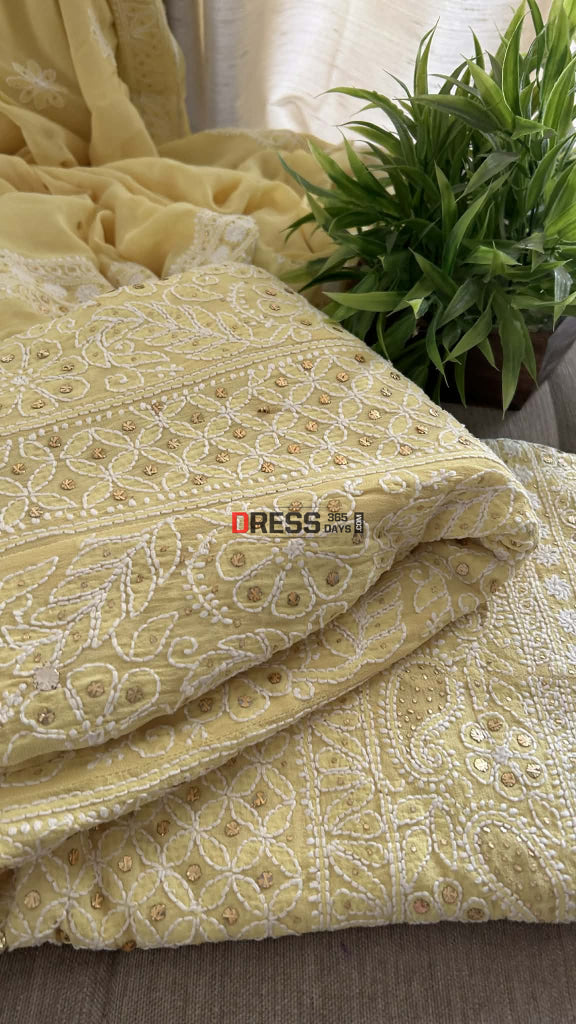 Yellow Chikankari Anarkali Suit With Golden Mukaish (Anarkali And Dupatta) Chikankari Anarkali