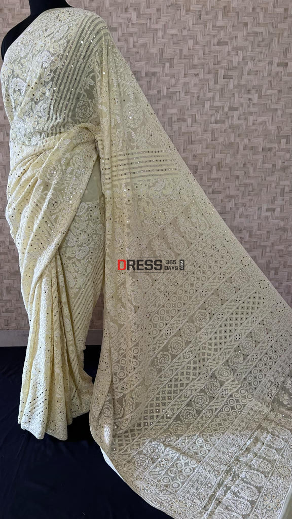 Yellow Chikankari Mukaish Saree