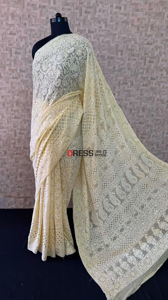 Yellow Chikankari Mukaish Saree