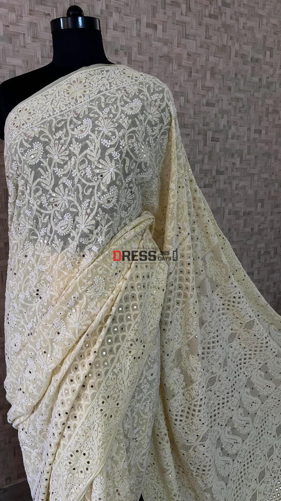 Yellow Chikankari Mukaish Saree