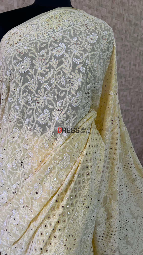 Yellow Chikankari Mukaish Saree