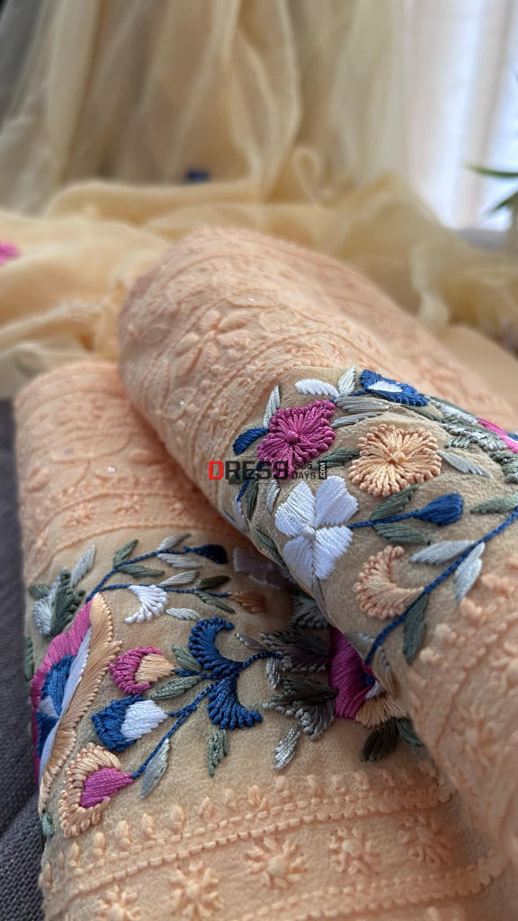 Yellow Chikankari Parsi Gara Daman Suit (Kurta & Dupatta) Suits