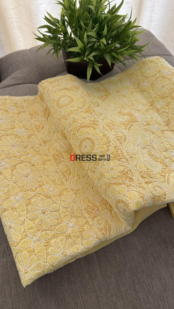 Yellow Cotton Chikankari Kurti Fabric (Kurti Fabric)