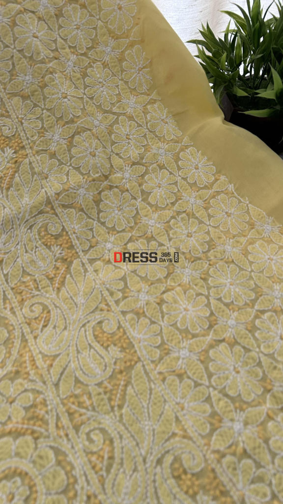 Yellow Cotton Chikankari Kurti Fabric (Kurti Fabric)