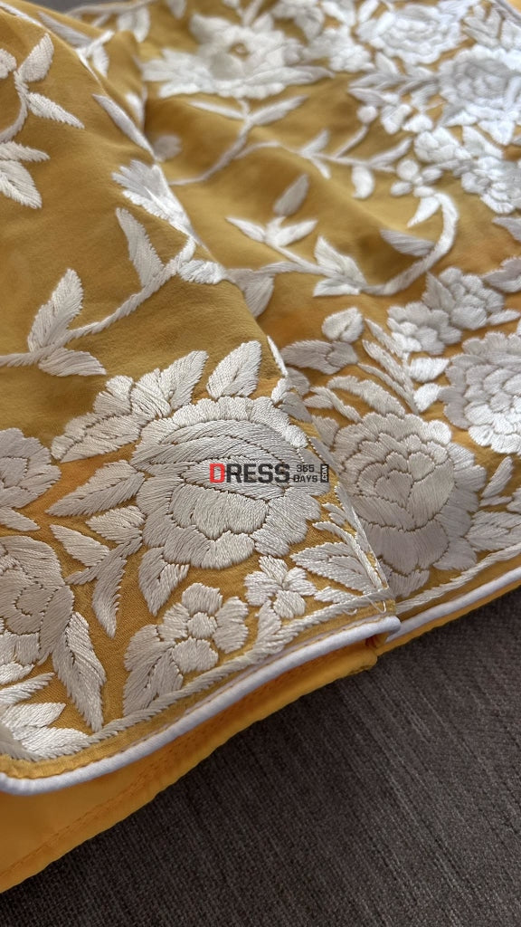 Yellow Hand Embroidered Parsi Gara Dupatta