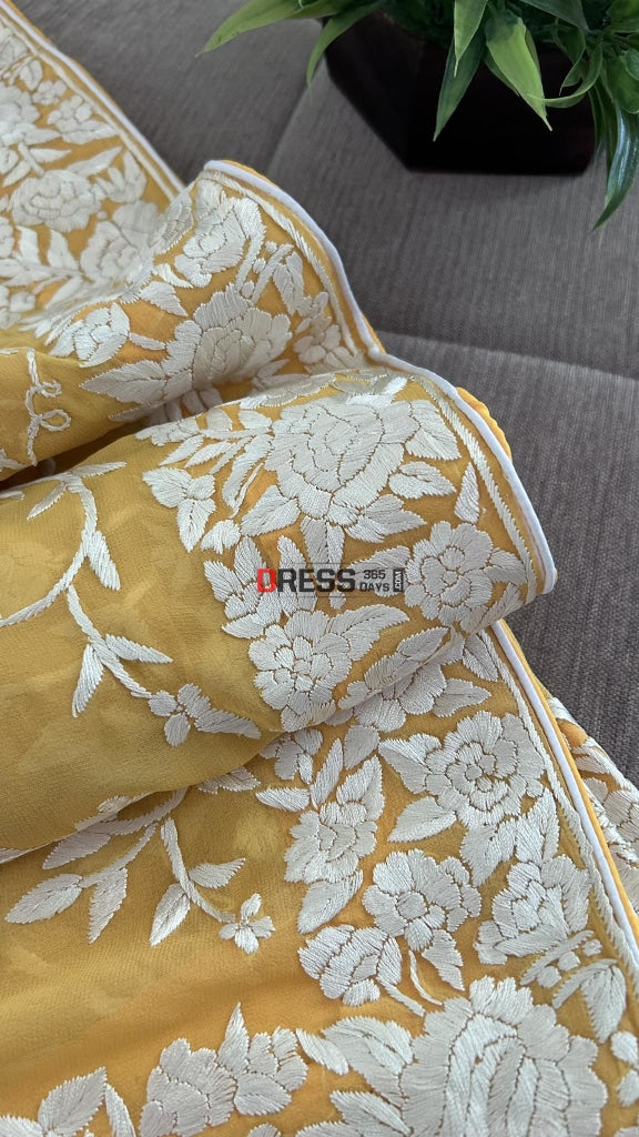 Yellow Hand Embroidered Parsi Gara Dupatta