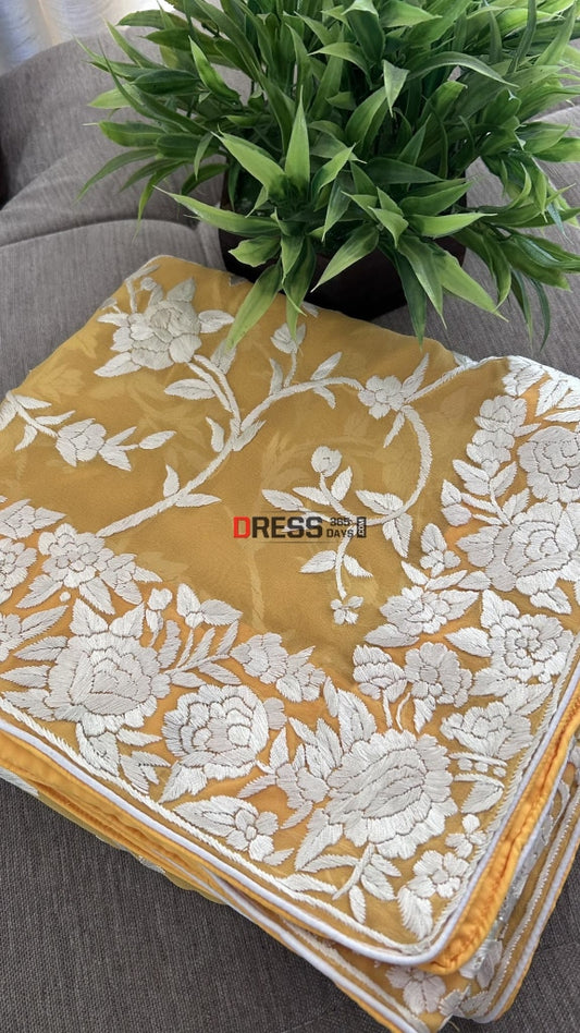 Yellow Hand Embroidered Parsi Gara Dupatta