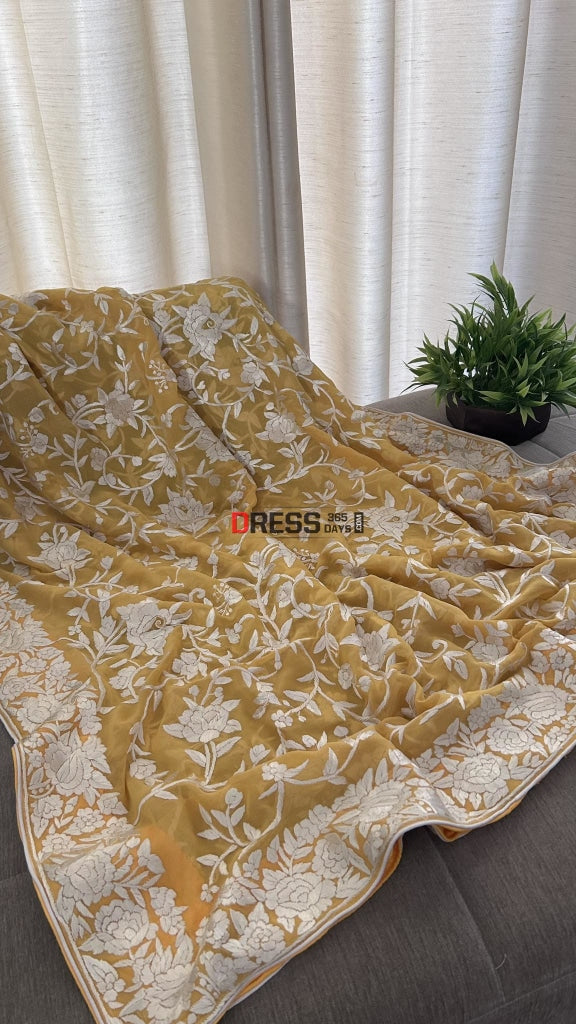 Yellow Hand Embroidered Parsi Gara Dupatta