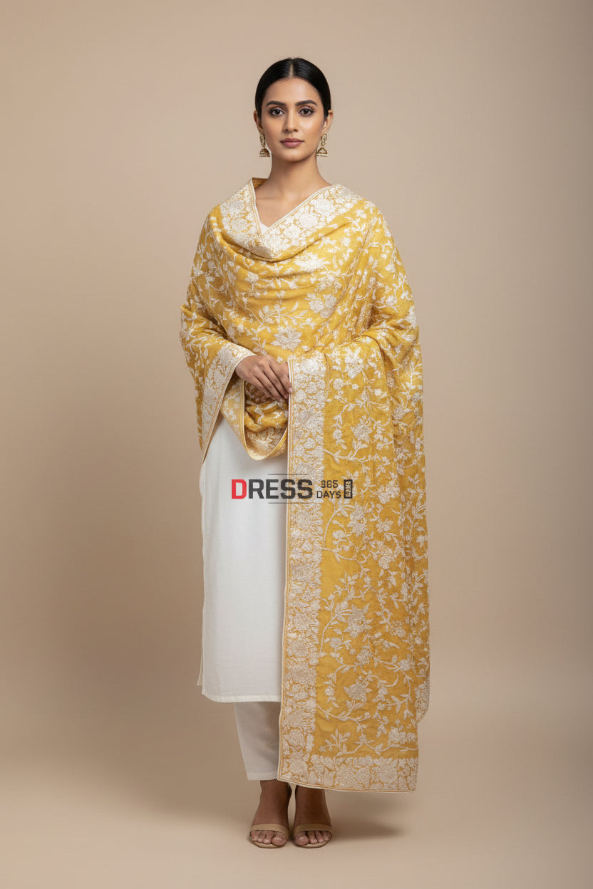 Pre Order Hand Embroidered Yellow Parsi Gara Dupatta
