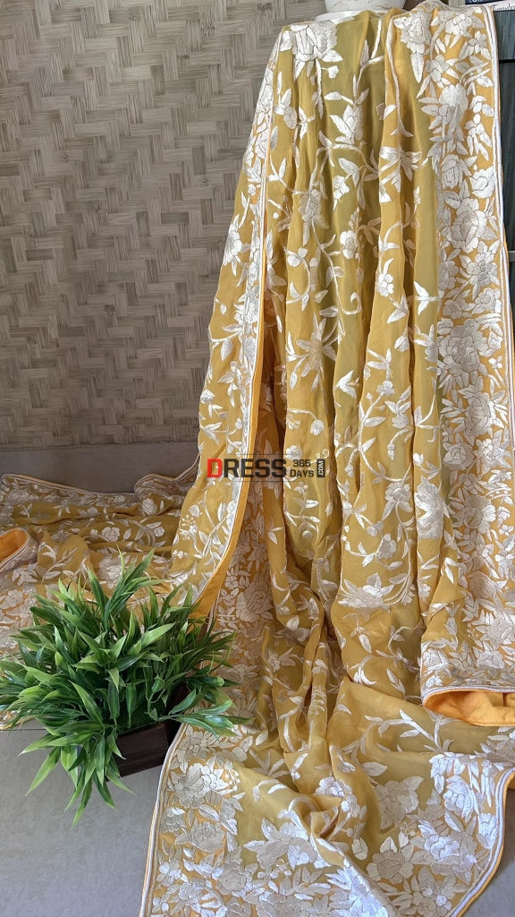 Yellow Hand Embroidered Parsi Gara Dupatta