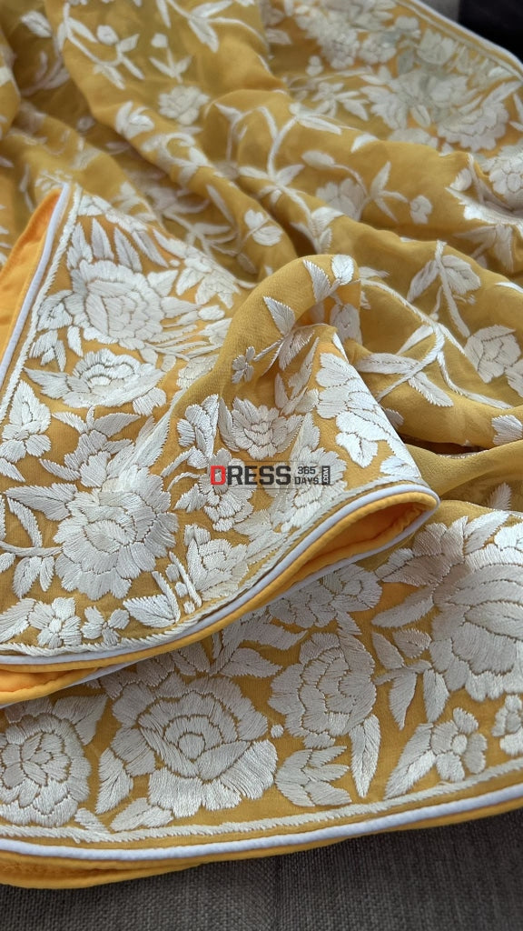 Yellow Hand Embroidered Parsi Gara Dupatta