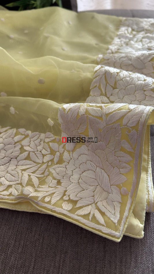 Yellow Organza Parsi Gara Hand Embroidered Dupatta