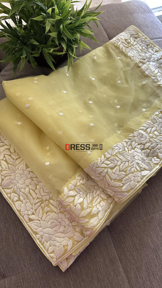 Yellow Organza Parsi Gara Hand Embroidered Dupatta