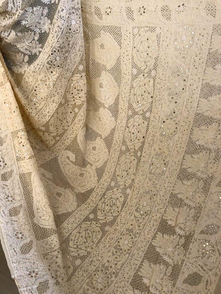 Beige All Over Jaal Chikankari Mukaish Saree - Dress365days