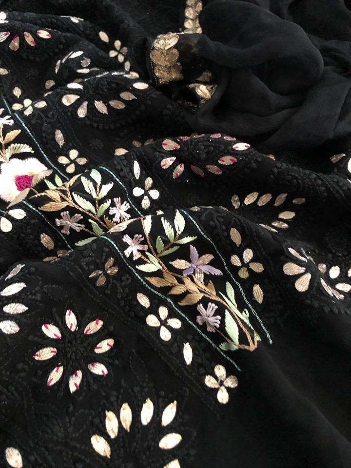Black Parsi Ghara Chikankari Suit - Dress365days