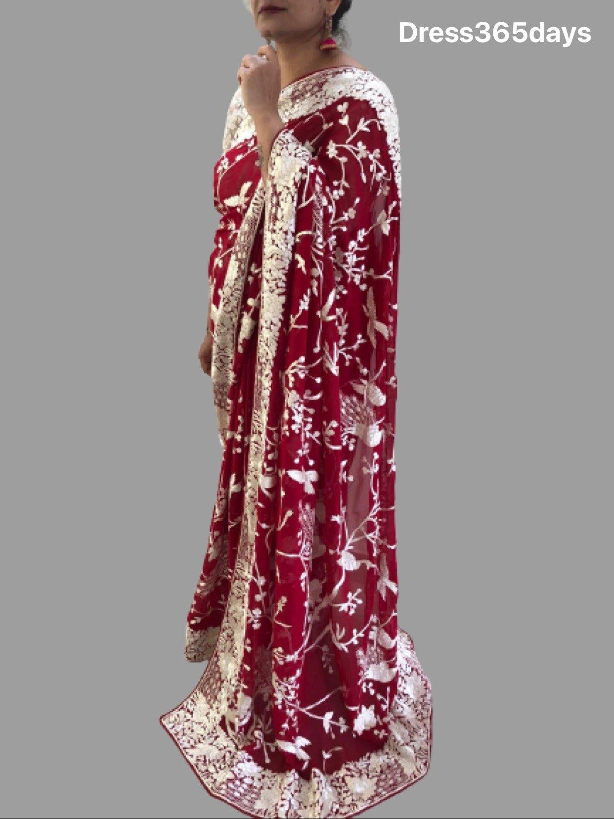 Masterpiece Red and Ivory Parsi Gara Saree 