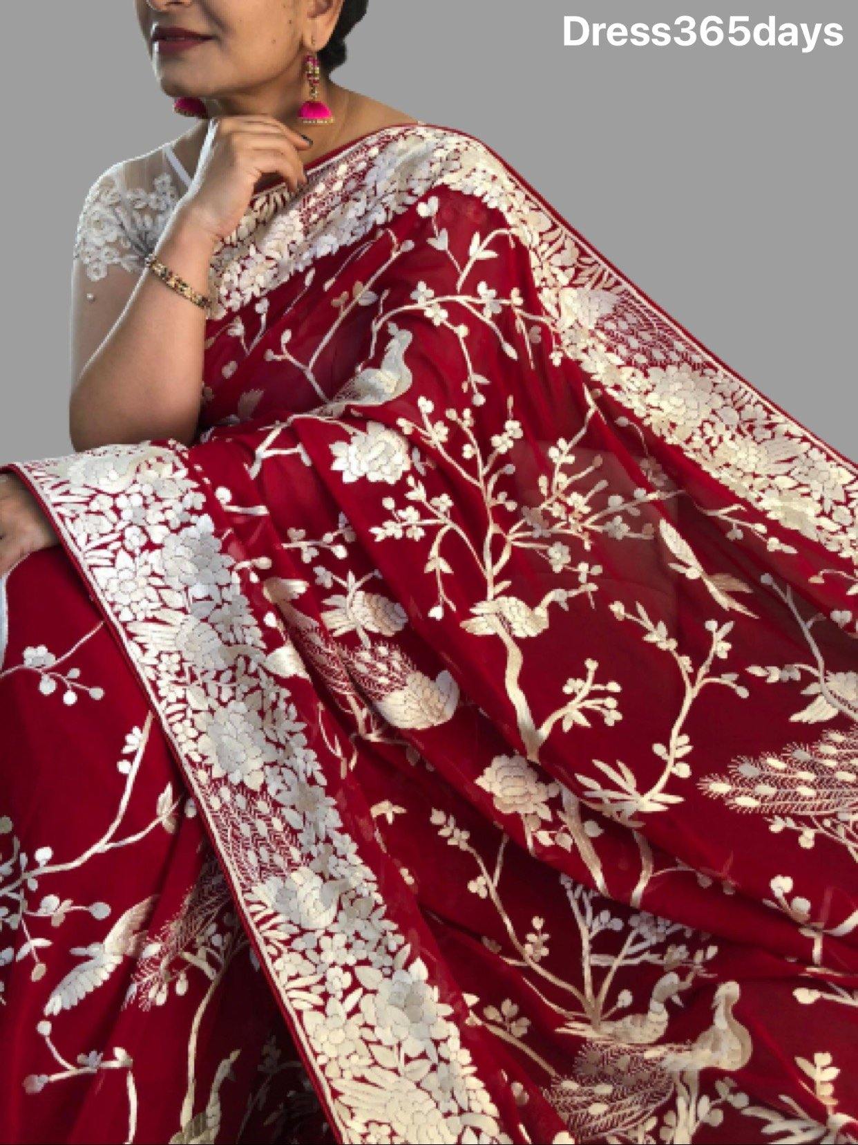 Masterpiece Red and Ivory Parsi Gara Saree (Pre- Order) - Dress365days
